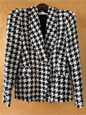 Zara Black & White Houndstooth Double-Breasted Blazer with Gold Buttons